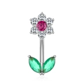 Detail of flower belly ring with pink zircon and green leaf gems on silver base - Flower Style (2927银色)