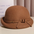 Elegant brown wool cloche hat with ribbon and metal tag in a cozy winter setting - M(56-58CM) Adjustable / Dark Camel