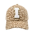 Close-up of leopard print baseball cap with chenille letter I and distressed brim details - Leopard-Letter I