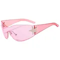 Rosafarbene Y2K randlose Sonnenbrille mit silbernen Sternen und Monoglas - C8-Glänzend Silber/Transparent Rosa Bügel/Vollrosa