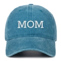Close-up of white MOM embroidery on vintage washed blue denim cotton baseball cap - MOM Embroidery / Lake Blue