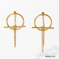 Golden geometric hoop earrings with bar and long chain tassels in stainless steel - Earrings (KDE1175) / Gold