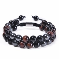 Double-layer braided bracelet with 8mm tiger eye, obsidian, and hematite beads - 8MM/Double Layer / 8MM Red Tiger Eye + Black Agate + Hematite