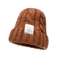 Brown cable knit beanie hat for women featuring a stylish decorative white label - Adjustable / Coffee