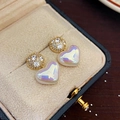 Asymmetric gold heart earrings with zircon star accents and iridescent pearl finish - E5939-925 Sterling Silver Earring Post / Gold