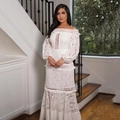 Elegant white off-the-shoulder lace evening dress with lantern sleeves and floor length silhouette - S / Dresses / White