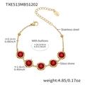 Detailed specs of gold stainless steel bracelet with five red glass stones and sizing info - Bracelet Only / Gold-Red