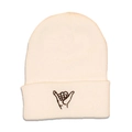 Detail van beige gebreide muts met bruin geborduurd Shaka-handgebaar logo op de omslag - M (56-58cm) / Wit