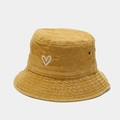 Detail of vintage yellow cotton bucket hat with white heart embroidery and air vents - Yellow