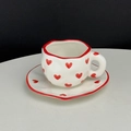 Hand-painted irregular ceramic coffee cup and saucer set with red heart pattern - Heart Cup & Saucer