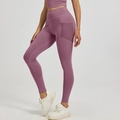 High waist purple yoga leggings with side mesh pockets and matching sports crop top - S / Berry Purple