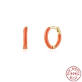 Detail view of orange enamel S925 sterling silver hoop earrings with gold finish - Gold-Orange