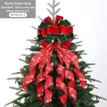 Large red and green velvet Christmas tree topper bow with gold edges and reindeer prints - Red Green Festive Pattern