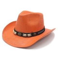 Orange western straw cowboy hat with wide brim and beaded black decorative band - M (56-58cm) / Orange