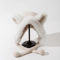 Winter plush fox ear trapper hat in beige faux fur with fluffy pompom chin straps - M (56-58cm) / Off White