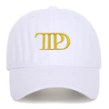 White cotton baseball cap with yellow TTPD letter embroidery in a classic 6-panel design - One Size / White