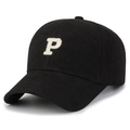 Cappellino da baseball nero con lettera P ricamata in bianco, cappello in cotone a sei pannelli - Nero con ricamo dorato