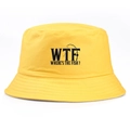 Yellow outdoor bucket hat featuring black WTF Where's the Fish embroidery on twill fabric - Yellow
