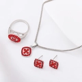 Silver jewelry set with red crystal clover design including ring, necklace, and earrings - Necklace + Ring + Stud Earrings (MS5091)