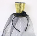 Detail of gold sequin mini hat headband with black mesh veil for Halloween party decor - Gold with Veil