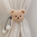 Cute beige plush teddy bear curtain tieback with grey rope and white pearl accents - Grey Rope Milk Tea Bear