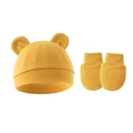 Detail of yellow cotton knit baby beanie with round ears and matching anti-scratch mittens - Hat And Gloves / Ginger Yellow