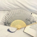 Bamboo folding fan with blue tassel and grey landscape painting on silk fabric - Grey Bamboo