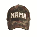 Detailed view of MAMA letter patch with gold glitter edges on camouflage corduroy cap - Jungle Camouflage (Style 3)