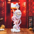 Ancient Chinese Dunhuang fairy figurine in pink robes holding lotus on cloud base - Luohua Style (0005-2)