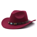 Detail of burgundy wool fedora with turquoise bead leather band in western style - Burgundy