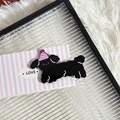 Cute black puppy hair clip with pink birthday hat in acrylic finish for girls - Black Dog