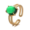 Elegant gold oval green faux stone ring with adjustable twisted double band design - Adjustable Open / Gold-Green Gemstone