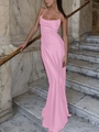 Detailed view of pink satin maxi dress featuring a cowl neck and elegant floor-length drape - S / Pink