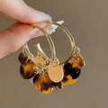Macro detail of gold hoop earrings with amber resin tortoiseshell charms for women - 12# Silver Earring Post - Gold Coffee