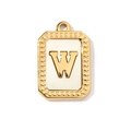 Close-up of golden rectangular pendant with a white shell base and uppercase letter W - Letter W