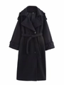 Classic black double-breasted long wool coat with belt and notched lapels for women - XS / Black