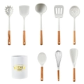 Set da cucina 9 pezzi in silicone bianco con manici in legno e secchiello coordinato - Set da 8 pezzi bianco