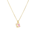 Elegant gold titanium steel necklace featuring a pink heart zircon and leaf pendant - Floral Halo Pink Heart A340