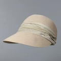 Detailed close-up of straw sun hat featuring a wide satin band and small metal logo - M(56-58cm) / Beige