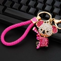 Portachiavi con koala di strass rosa con cinturino in pelle intrecciata e anello d'oro - Corda Rosso Rosa + Koala Rosso Rosa