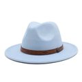 Detail of light blue wool fedora featuring brown patterned leather band and metal badge - M (56-58cm) / Sky Blue