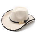 Detail of western fedora hat with black stitched edge and leather belt with gold buckle - M(56-58cm) / Beige