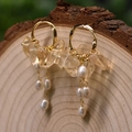 Baroque pearl drop earrings with yellow quartz stones on a natural wooden background - Light Citrine