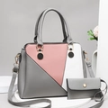 Two-piece handbag set featuring pink and grey geometric patchwork with gold accents - Handbag And Pouch (Light Gray) / Light Gray