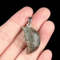 Carved moon face pendant in grey-green stone with natural red spots and silver clasp - African Blood Stone