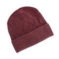 Detailed close-up of dark red knitted beanie featuring diamond texture and ribbed cuff - Burgundy