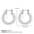 Silver stainless steel hoop earrings with multiple rows of white glass pearls - EH526 Silver Color White Pearl Earrings
