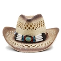 Chapeau de cowboy classique en paille avec bande ethnique turquoise et dégradé - Jaune Paille avec Bords Dégradés Bruns (03)