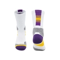 White basketball socks with purple, yellow, and grey accents and padded towel soles - Kids One Size / White/Purple