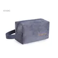 Dark grey velvet cosmetic bag with golden embroidery and convenient wide side handle - Handbag Style / Premium Grey